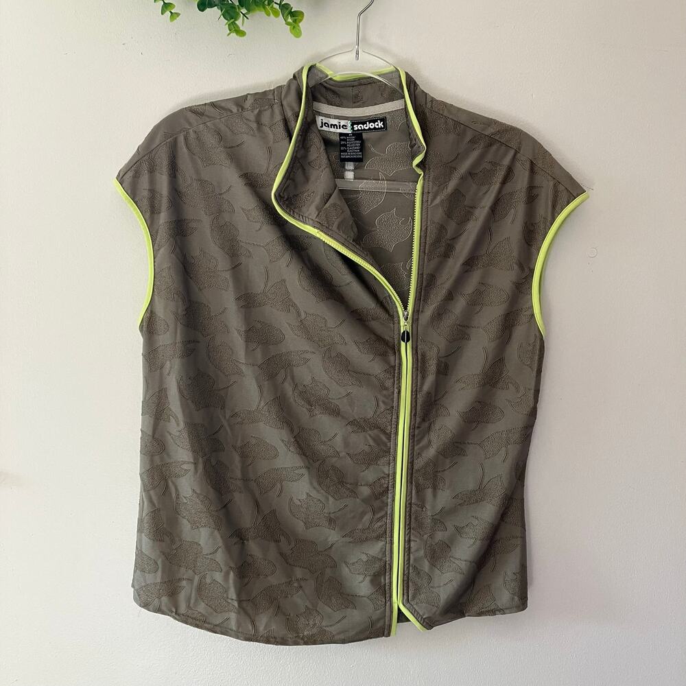 Jamie Sadock Taupe Asymmetrical Neon Yellow Zipper Golf Shirt